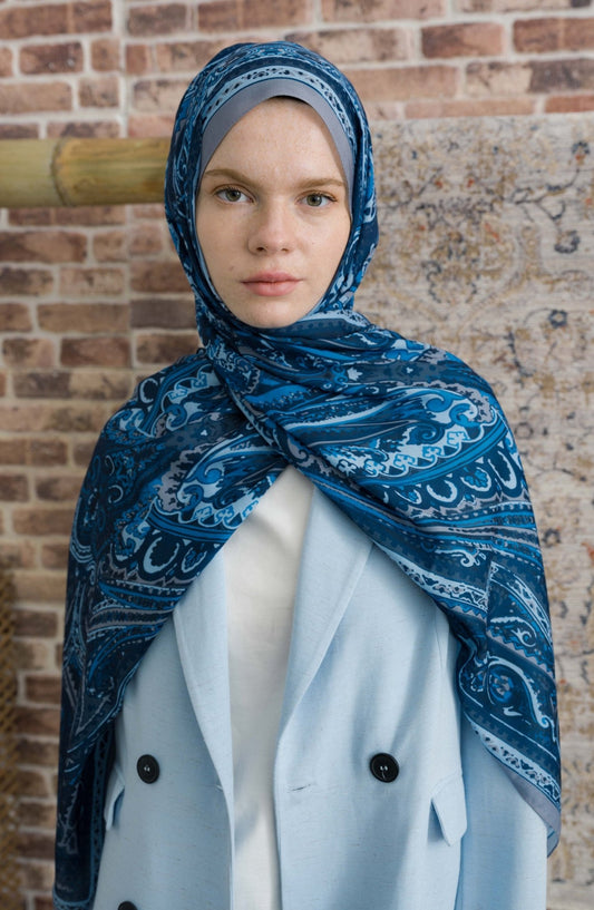 Presya Lacivert Etnik Desenli Şal - Fatma Atasoy