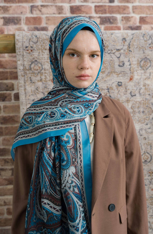 Presya Mavi Etnik Desenli Şal - Fatma Atasoy