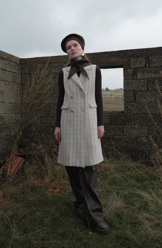 Püsküllü Sütlü Kahve Tüvit Yelek - Fatma Atasoy