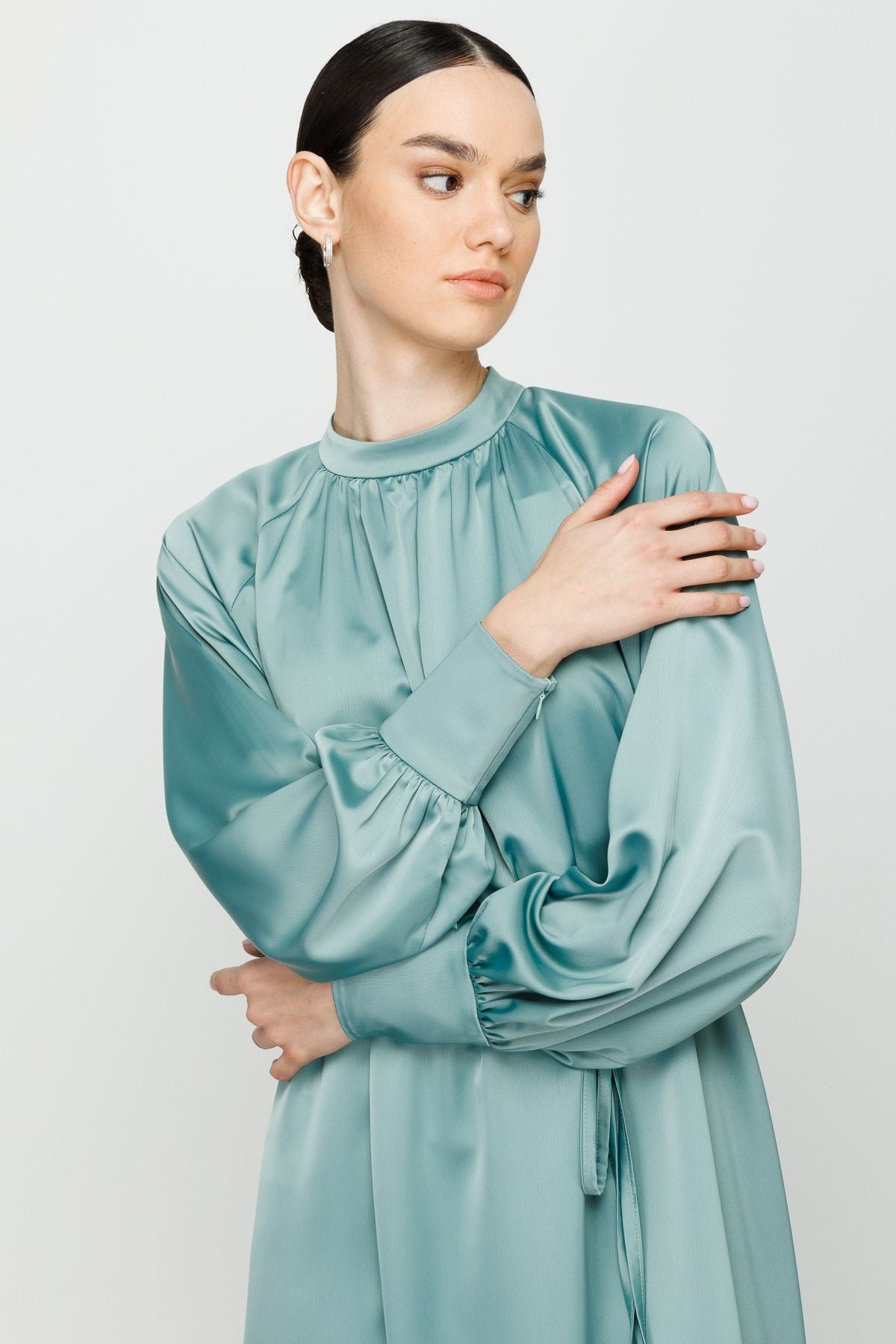 Reglan Kol Büzgülü Abiye Elbise Mint - Fatma Atasoy
