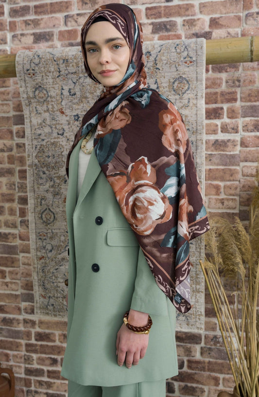 Rose Desenli Acı Kahve Crash Şal - Fatma Atasoy