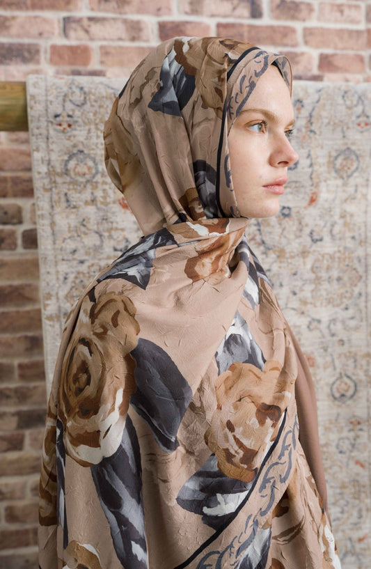 Rose Desenli Vizon Crash Şal - Fatma Atasoy