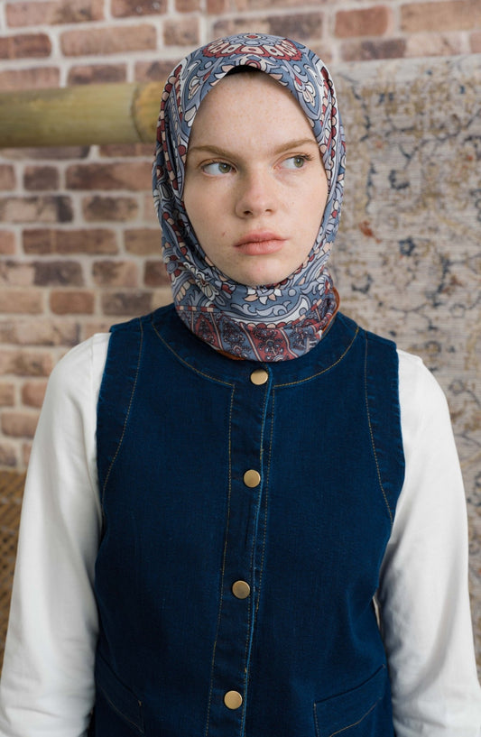 Royadia Soft Mavi Etnik Desenli Eşarp - Fatma Atasoy