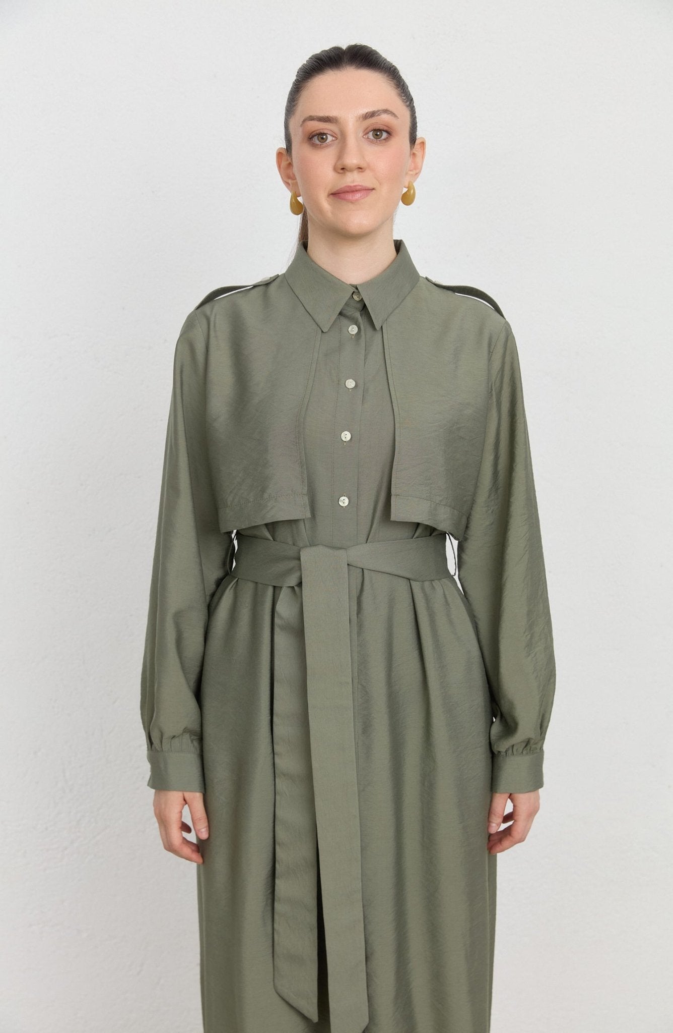 Rüzgarlıklı Giy - Çık Haki Rayon Trenç Elbise - Fatma Atasoy