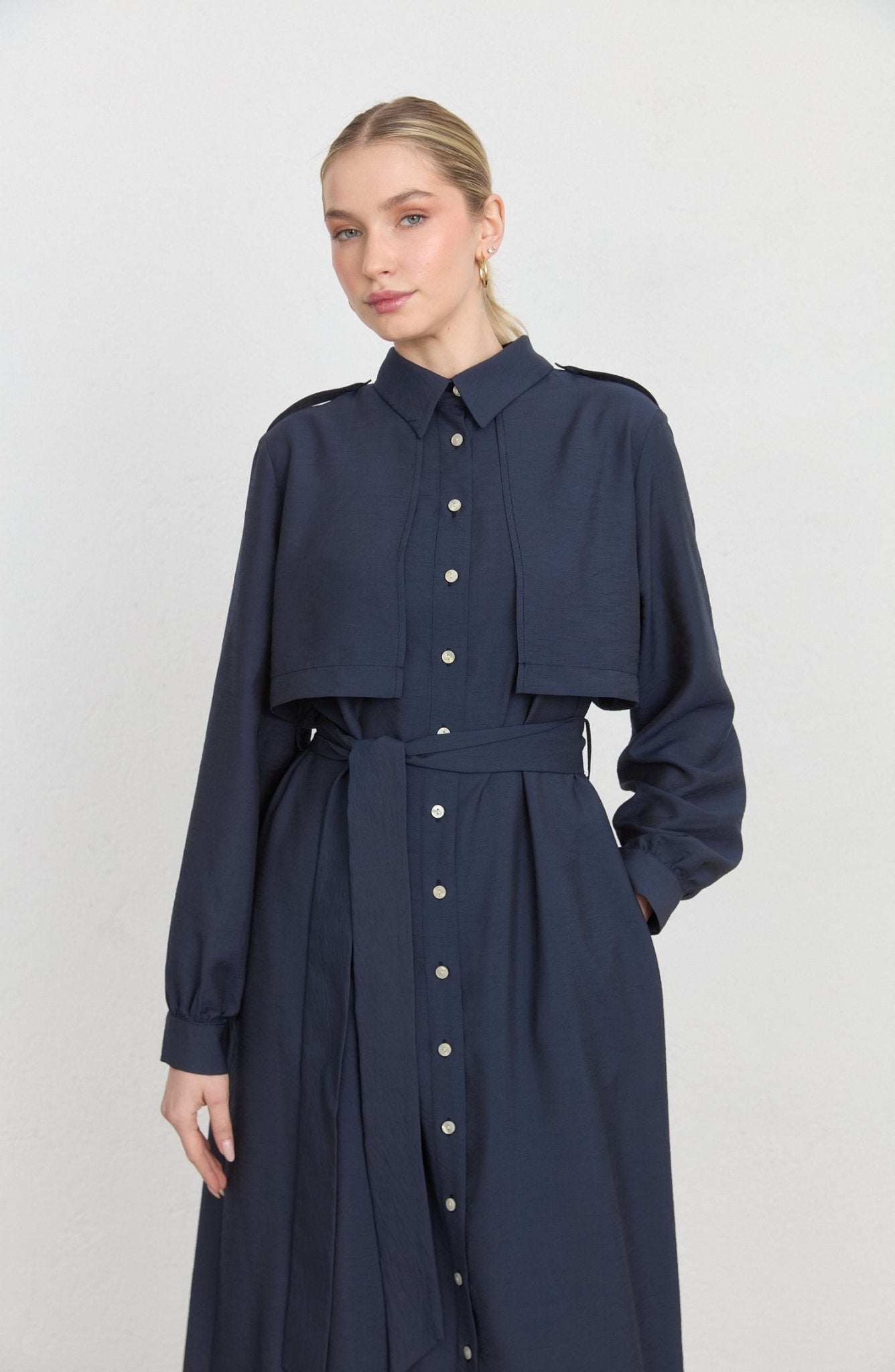 Rüzgarlıklı Giy - Çık Lacivert Rayon Trenç Elbise - Fatma Atasoy