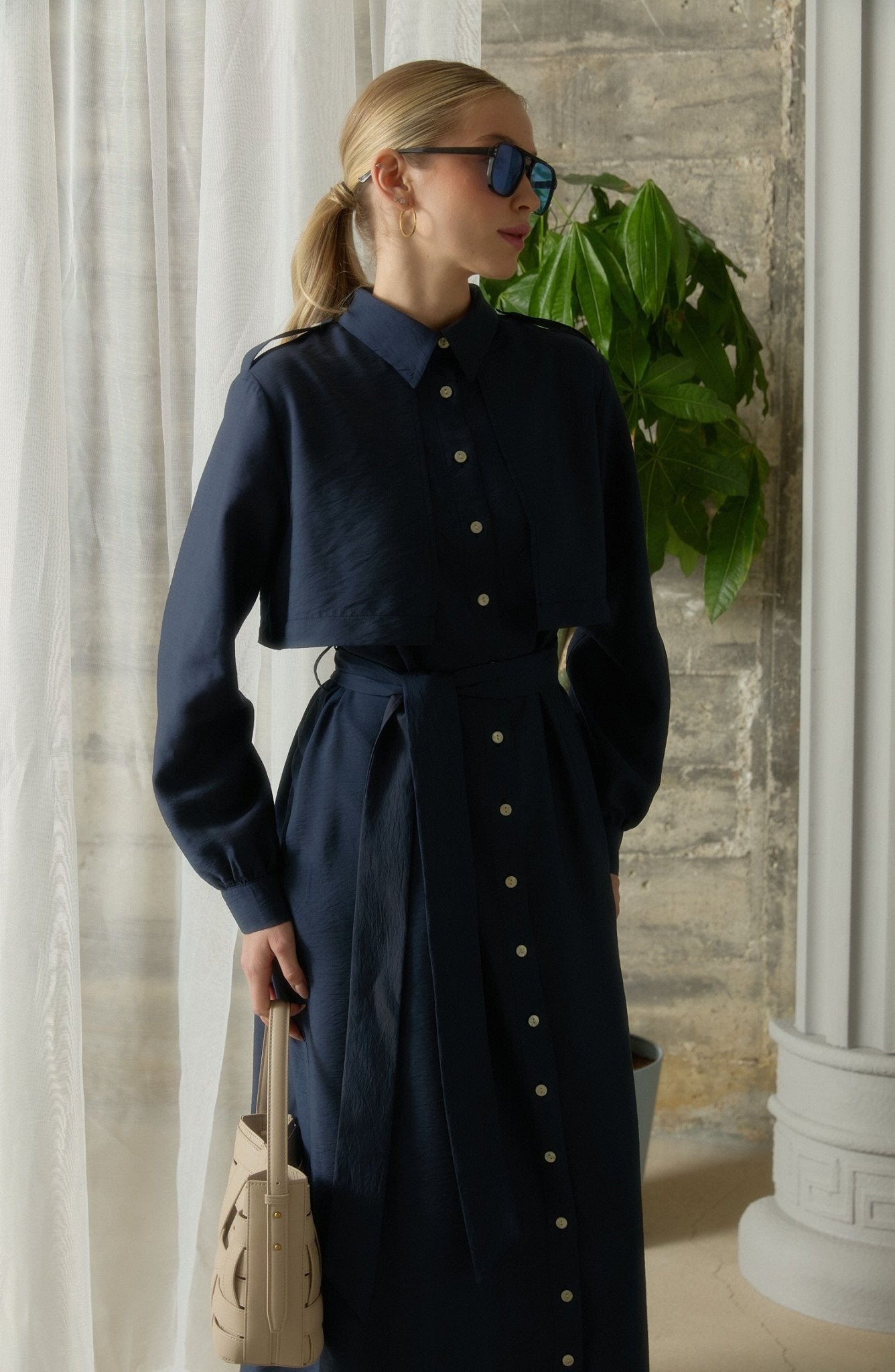 Rüzgarlıklı Giy - Çık Lacivert Rayon Trenç Elbise - Fatma Atasoy