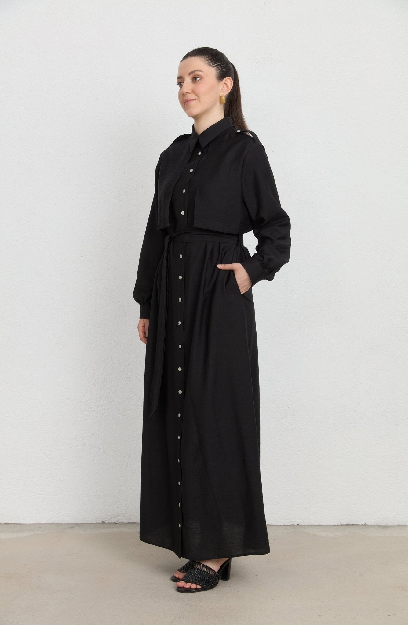 Rüzgarlıklı Giy - Çık Siyah Rayon Trenç Elbise - Fatma Atasoy