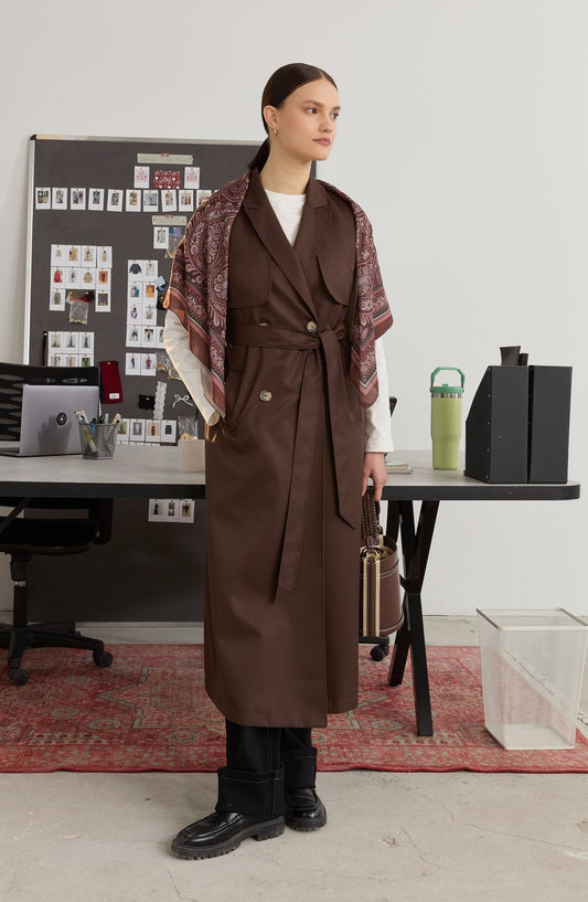 Rüzgarlıklı Maksi Acı Kahve Trenç Yelek - Fatma Atasoy