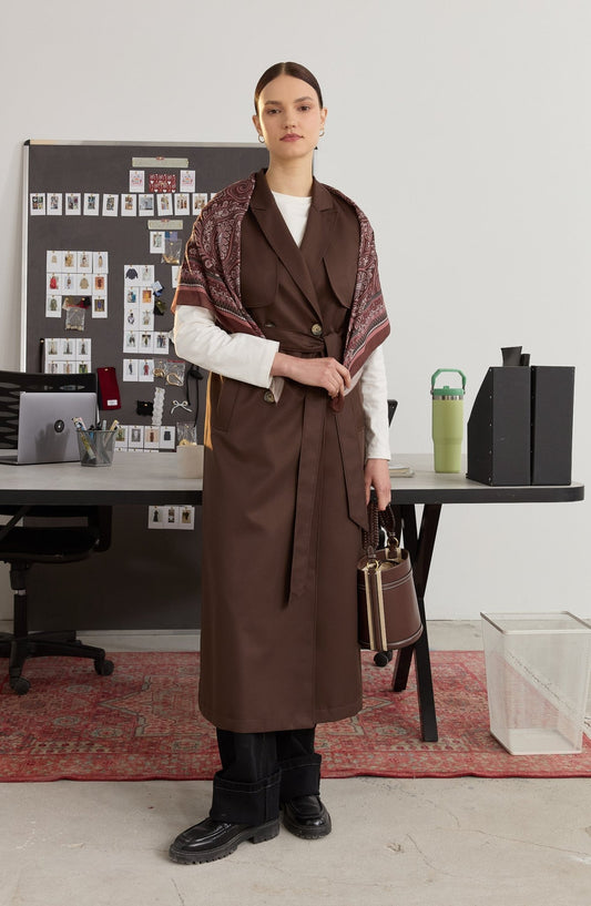 Rüzgarlıklı Maksi Acı Kahve Trenç Yelek - Fatma Atasoy