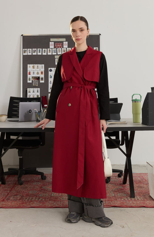 Rüzgarlıklı Maksi Bordo Trenç Yelek - Fatma Atasoy