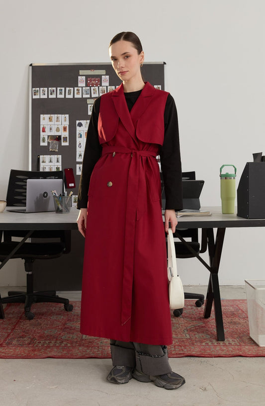 Rüzgarlıklı Maksi Bordo Trenç Yelek - Fatma Atasoy