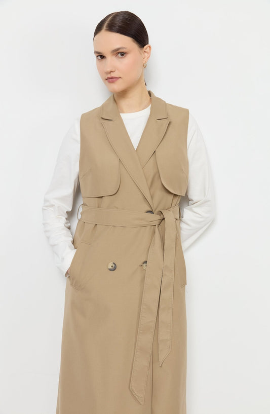 Rüzgarlıklı Maksi Sütlü Kahve Trenç Yelek - Fatma Atasoy