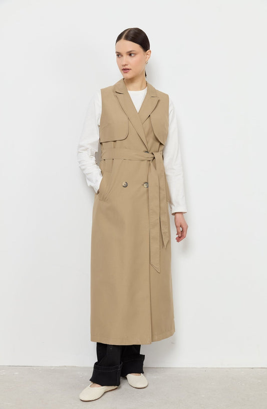 Rüzgarlıklı Maksi Sütlü Kahve Trenç Yelek - Fatma Atasoy