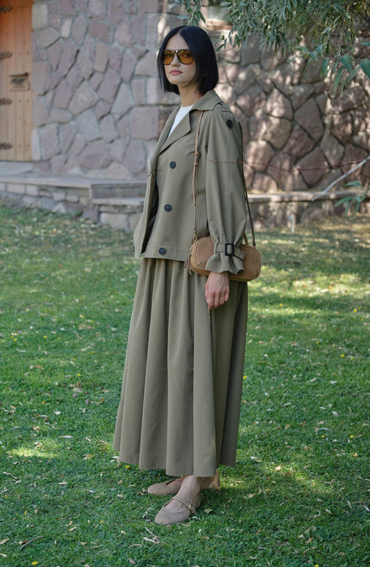 Sık Pileli Haki Trenç Etek - Fatma Atasoy