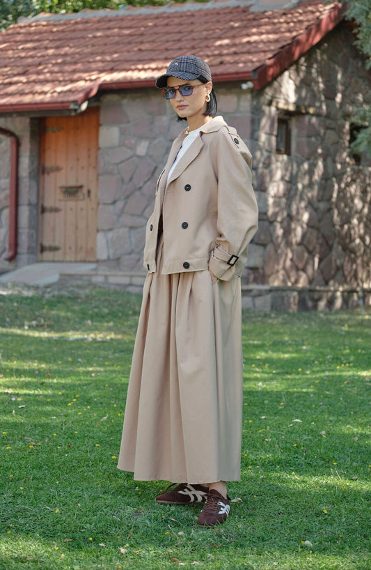 Sık Pileli Sütlü Kahve Trenç Etek - Fatma Atasoy