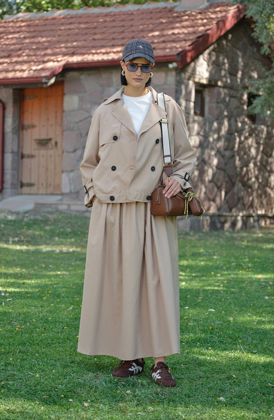 Sık Pileli Sütlü Kahve Trenç Etek - Fatma Atasoy