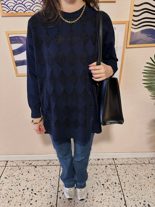 Simli Baklava Desen Lacivert Merserize Kazak - Fatma Atasoy