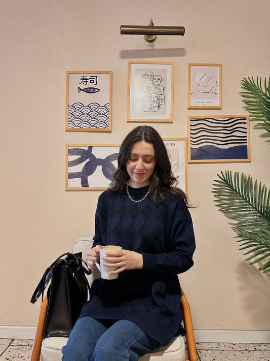 Simli Baklava Desen Lacivert Merserize Kazak - Fatma Atasoy