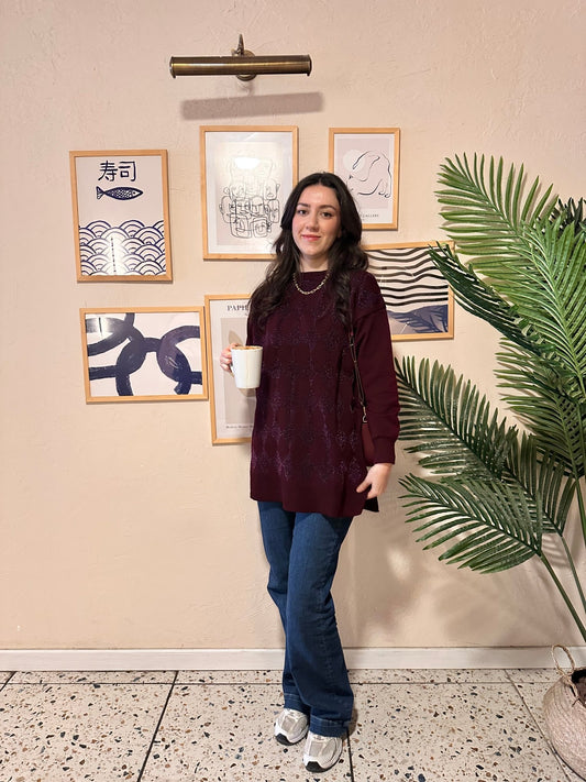 Simli Baklava Desen Mürdüm Merserize Kazak - Fatma Atasoy