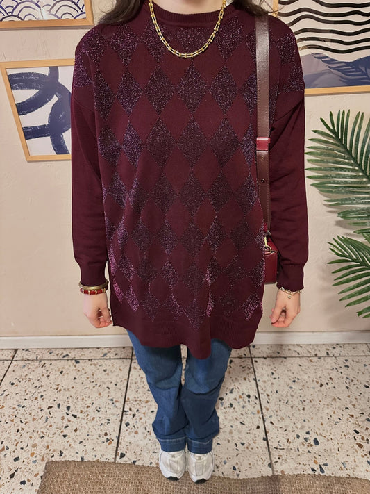 Simli Baklava Desen Mürdüm Merserize Kazak - Fatma Atasoy