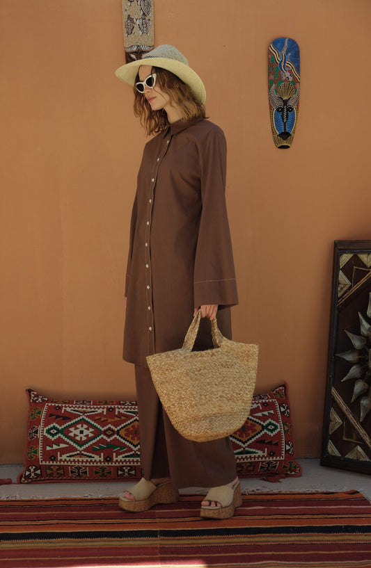 Spor Dikişli Kahverengi Pamuk Gömlek - Fatma Atasoy