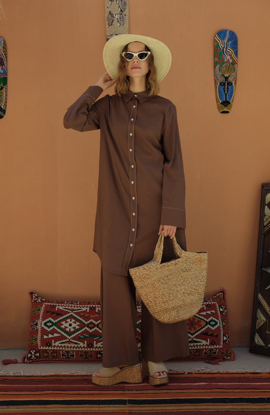 Spor Dikişli Kahverengi Pamuk Gömlek - Fatma Atasoy