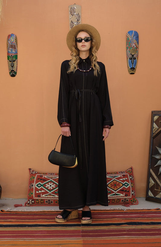 Spor Dikişli Nervürlü Siyah Elbise - Fatma Atasoy