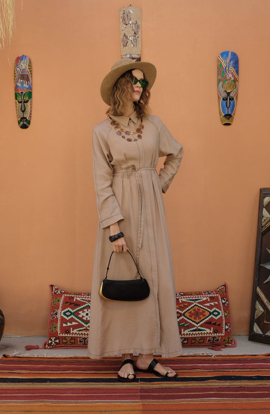 Spor Dikişli Nervürlü Sütlü Kahve Elbise - Fatma Atasoy