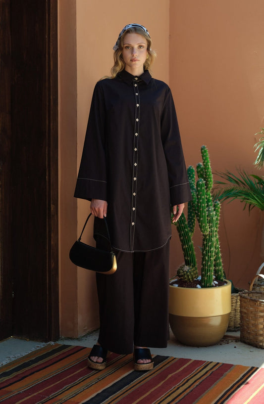 Spor Dikişli Siyah Pamuk Gömlek - Fatma Atasoy