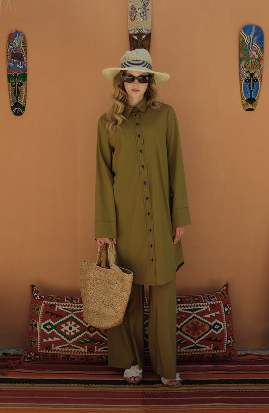 Spor Dikişli Yağ Yeşili Pamuk Gömlek - Fatma Atasoy