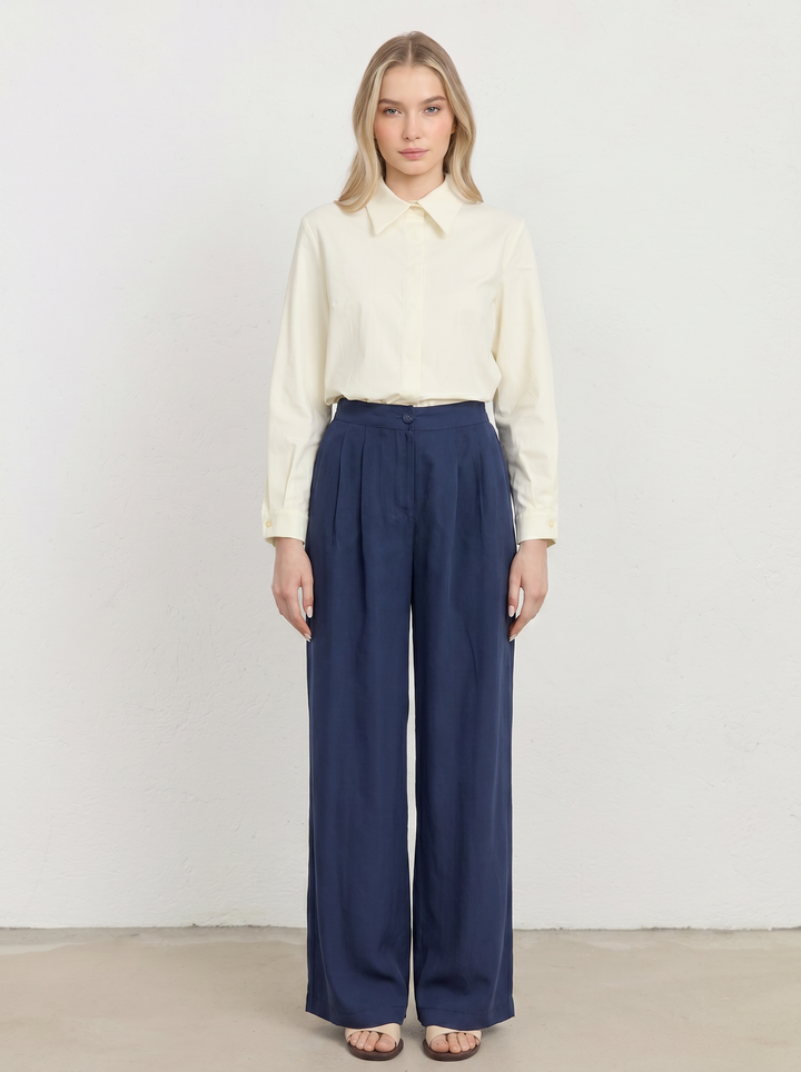Çift Pile Lacivert Rayon Palazzo Pantolon