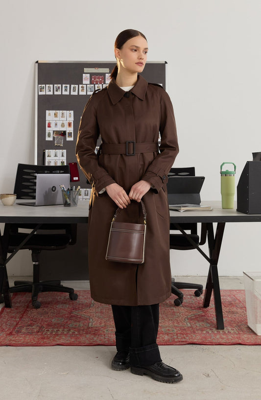 Tek Sıra Düğmeli Acı Kahve Trençkot - Fatma Atasoy