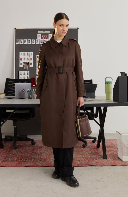 Tek Sıra Düğmeli Acı Kahve Trençkot - Fatma Atasoy
