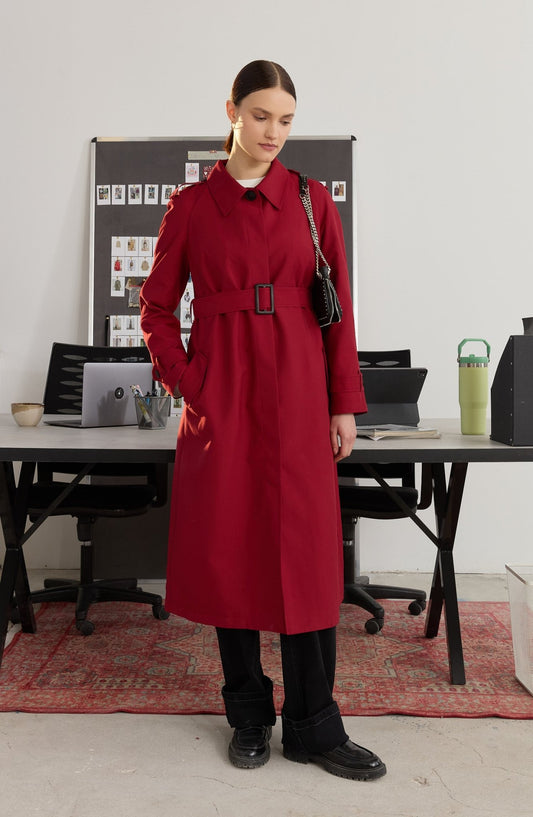 Tek Sıra Düğmeli Bordo Trençkot - Fatma Atasoy