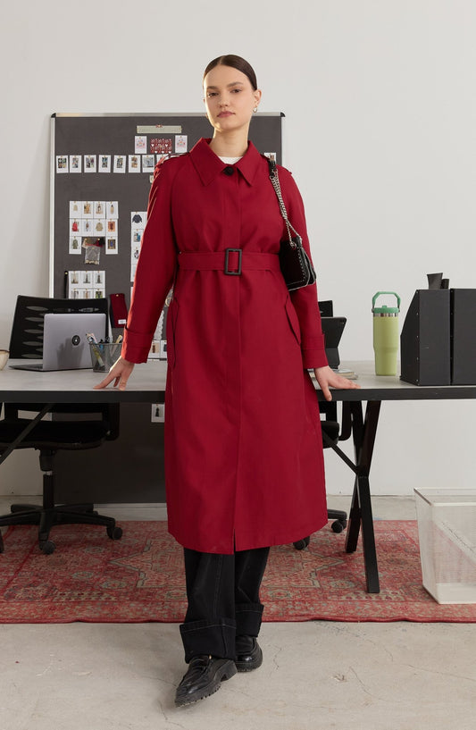 Tek Sıra Düğmeli Bordo Trençkot - Fatma Atasoy