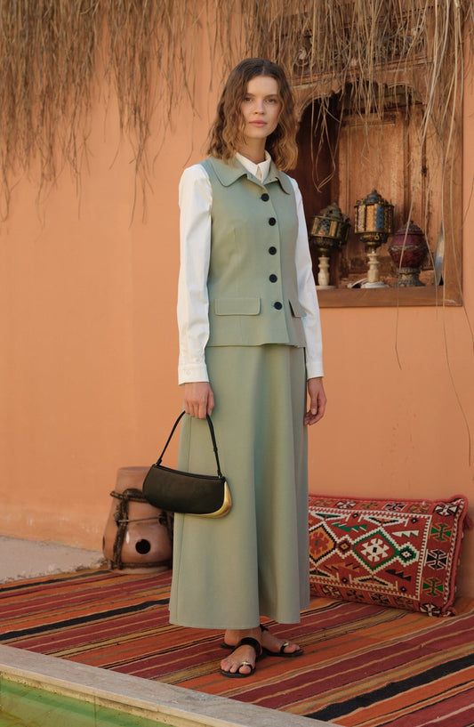 Tek Sıra Düğmeli Mint Keten Yelek - Fatma Atasoy