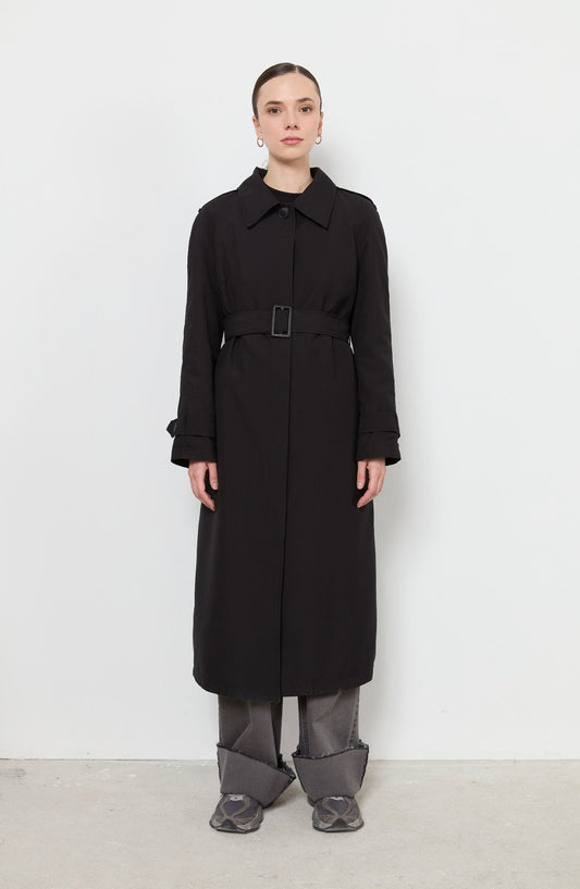 Tek Sıra Düğmeli Siyah Trençkot - Fatma Atasoy