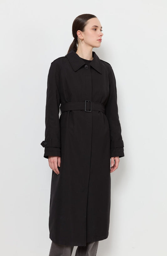 Tek Sıra Düğmeli Siyah Trençkot - Fatma Atasoy