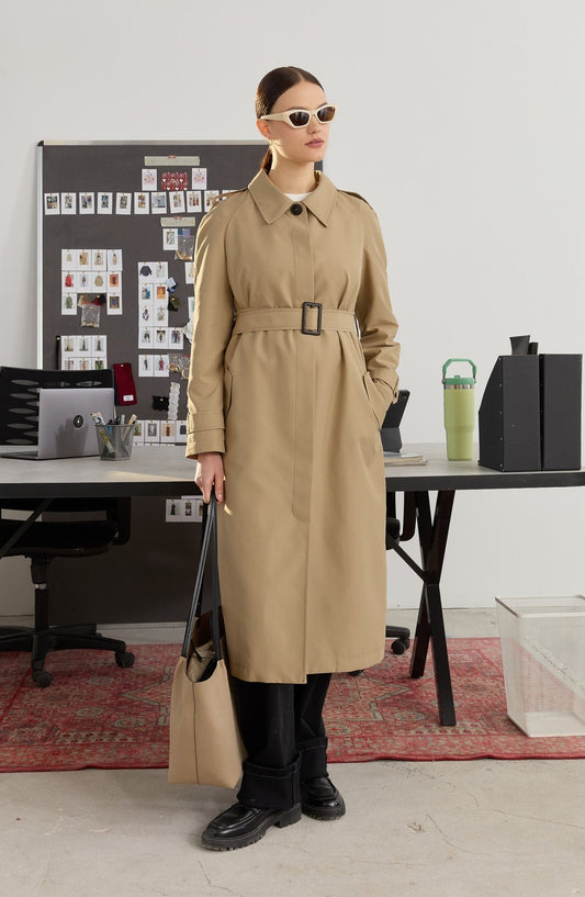 Tek Sıra Düğmeli Sütlü Kahve Trençkot - Fatma Atasoy