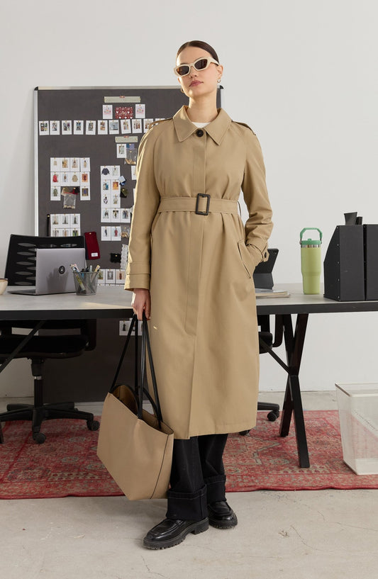 Tek Sıra Düğmeli Sütlü Kahve Trençkot - Fatma Atasoy