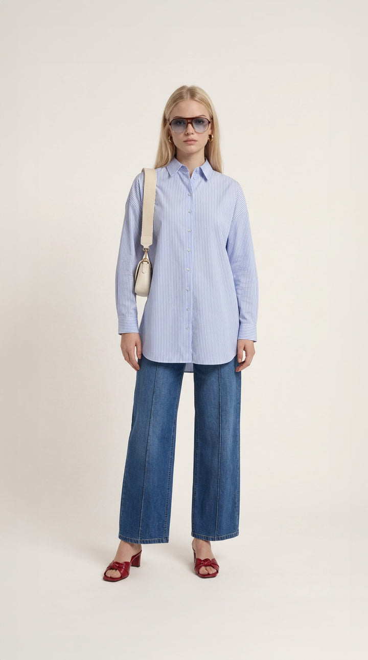 Basic Beyaz Çizgili Oversize Pamuk Gömlek