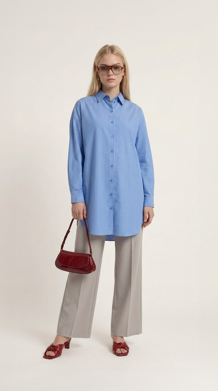 Basic Mavi Çizgili Oversize Pamuk Gömlek