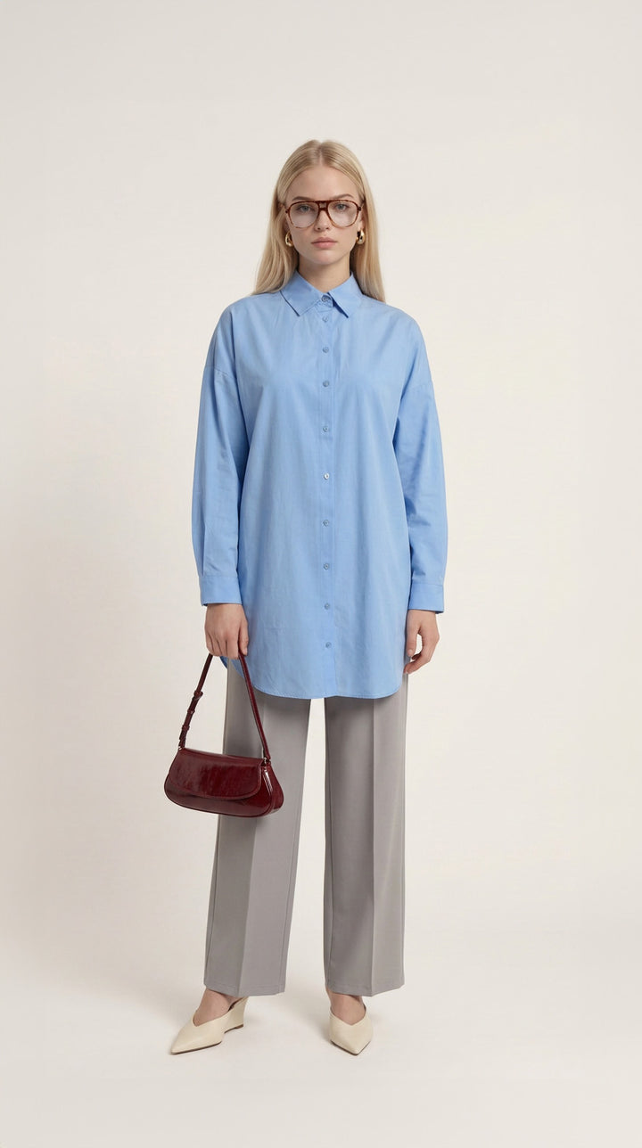 Basic Bebe Mavi Oversize Pamuk Gömlek