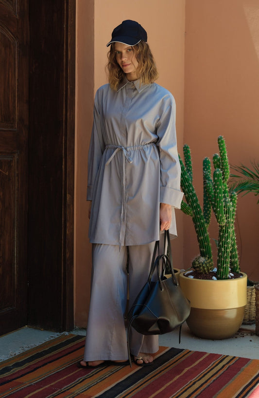 Tünel Büzgülü Gri Pamuk Gömlek - Fatma Atasoy