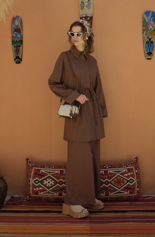 Tünel Büzgülü Kahverengi Pamuk Gömlek - Fatma Atasoy