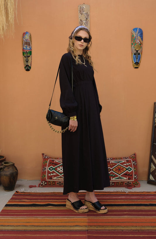 Tünel Büzgülü Siyah Pamuk Elbise - Fatma Atasoy