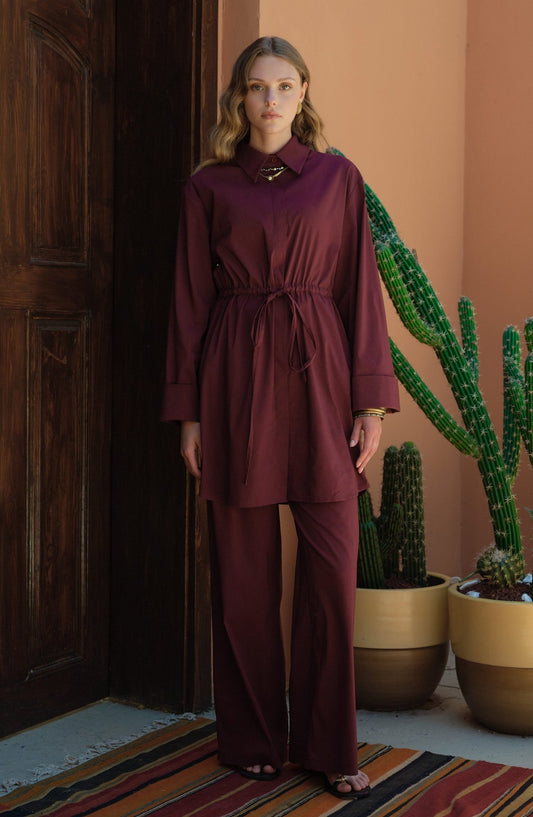 Tünel Büzgülü Vişne Pamuk Gömlek - Fatma Atasoy