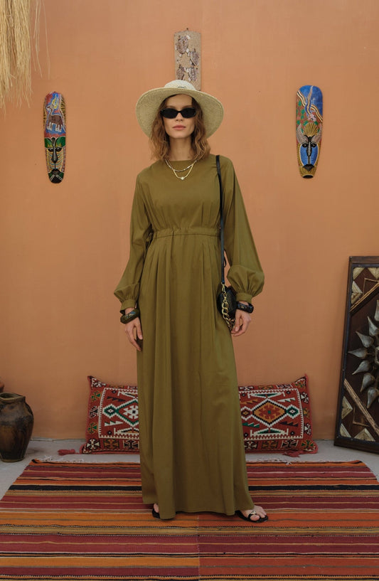 Tünel Büzgülü Yağ Yeşili Pamuk Elbise - Fatma Atasoy