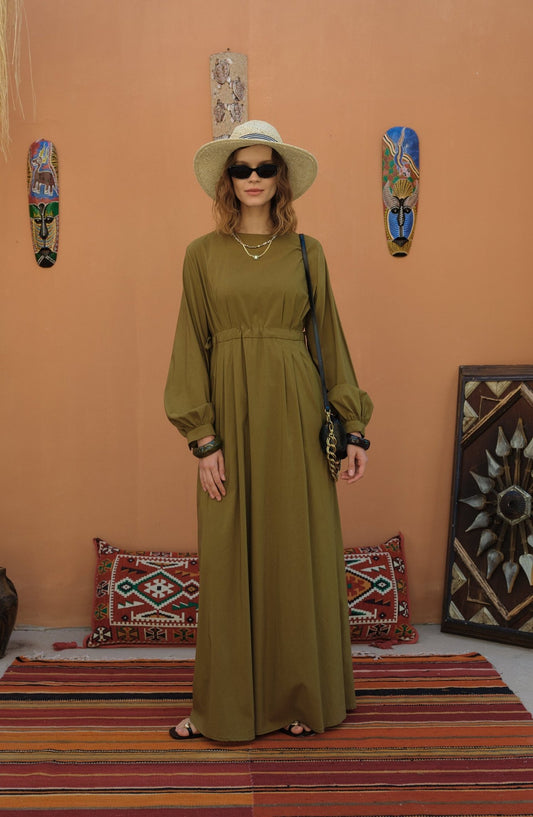Tünel Büzgülü Yağ Yeşili Pamuk Elbise - Fatma Atasoy