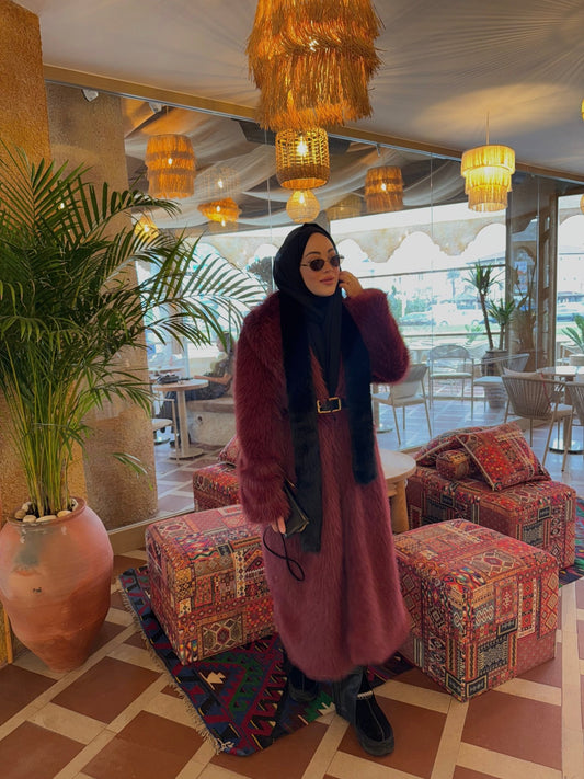 Tüylü Bordo Maksi Kürk Kaban - Fatma Atasoy